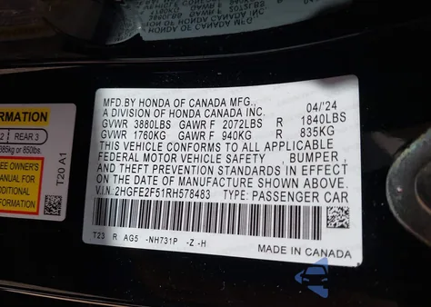 2024 Honda Civic Sport from USA, damaged, VIN 2HGFE2F51RH578483